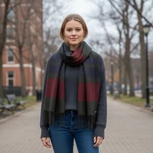 Steve Madden Made in Italy Red Navy Green Metallic Shimmer Striped Fringed Scarf